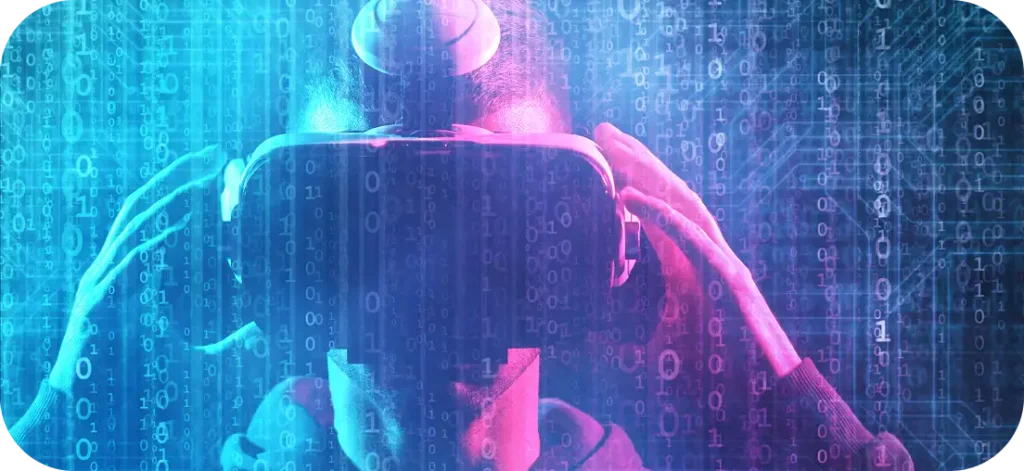 Na tym hipnotyzującym obrazie cyfrowym osoba w hełmie wirtualnej rzeczywistości zanurza się w cyberprzestrzeni, otoczona strumieniami świecących kodów binarnych i schematami elektronicznymi, symbolizującymi połączenie technologii i ludzkiej świadomości.