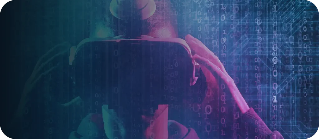Na tym hipnotyzującym obrazie cyfrowym osoba w hełmie wirtualnej rzeczywistości zanurza się w cyberprzestrzeni, otoczona strumieniami świecących kodów binarnych i schematami elektronicznymi, symbolizującymi połączenie technologii i ludzkiej świadomości.